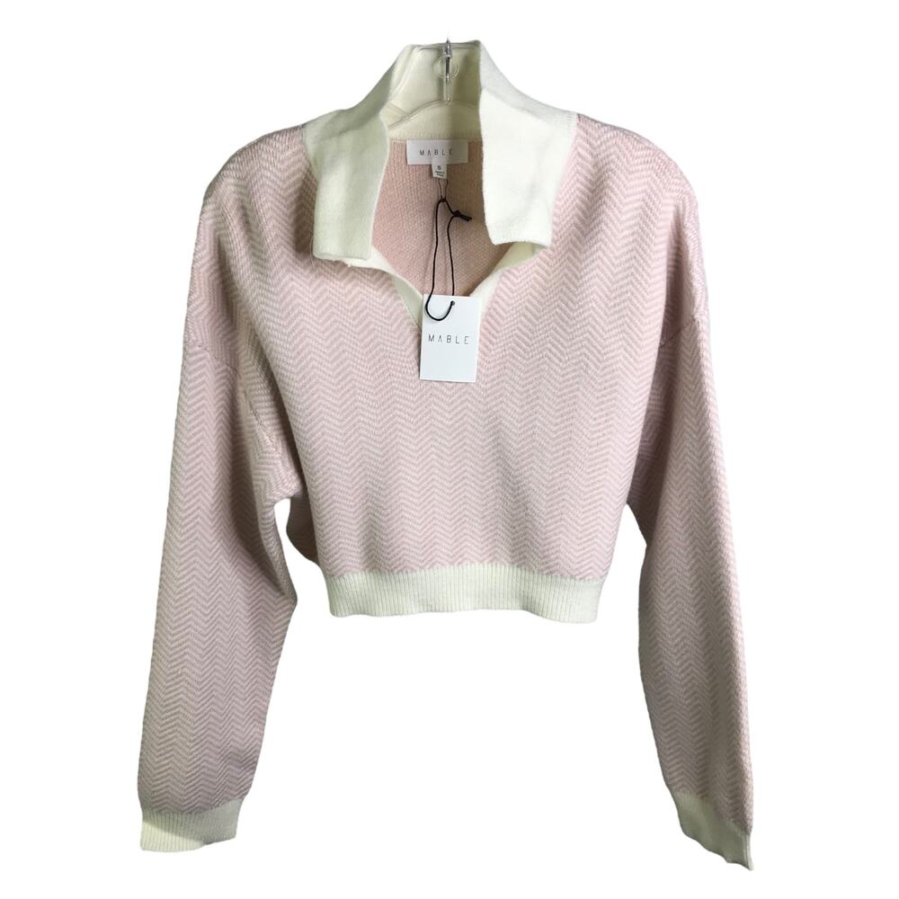 Mable Sweater Womens‎ Sz S Pink Cream Chevron Long Sleeves V-Neck Collared NWT